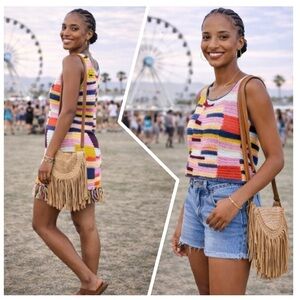 NWT The Elder Statesman Hand Knit Crochet Sleeveless Top Sunset Patchwork Sz M